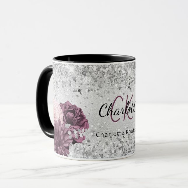 Silver burgundy florals elegant monogram name mug (Front Left)