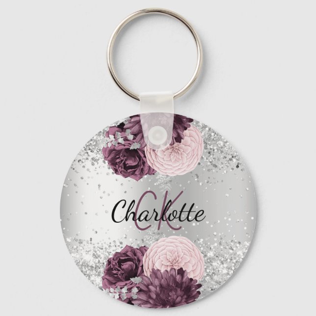 Silver burgundy florals elegant name key ring (Front)