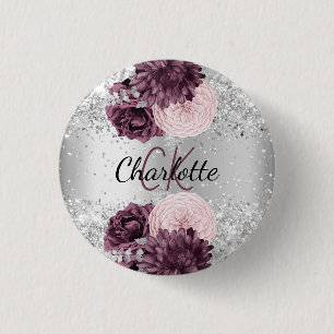Silver burgundy florals elegant name tag 3 cm round badge