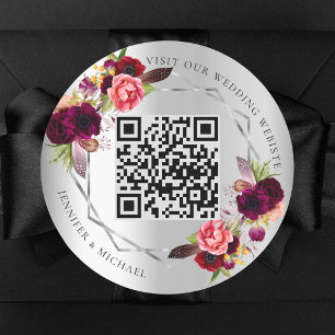 Silver burgundy florals geometric QR code wedding Classic Round Sticker