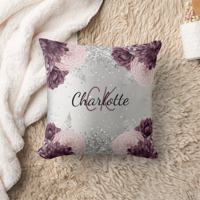 Silver burgundy flowers elegant monogram name cushion (Blanket)