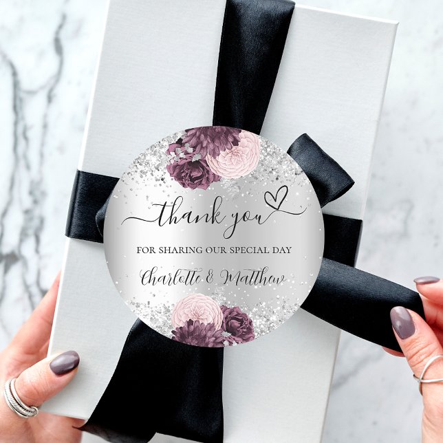 Silver burgundy flowers heart thank you wedding classic round sticker (Creator Uploaded)
