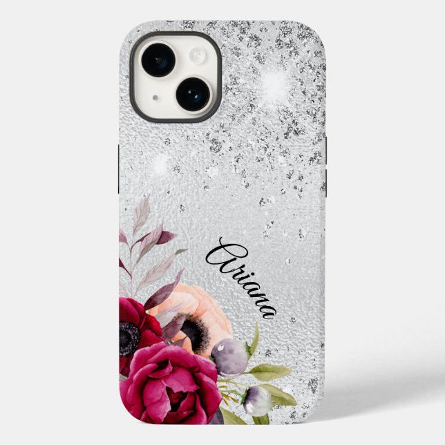 Silver Burgundy flowers name Case-Mate iPhone Case (Back)