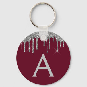 Silver Burgundy Girly Sparkly Glitter Monogram Key Ring