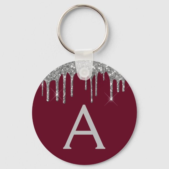 Silver Burgundy Girly Sparkly Glitter Monogram Key Ring (Front)