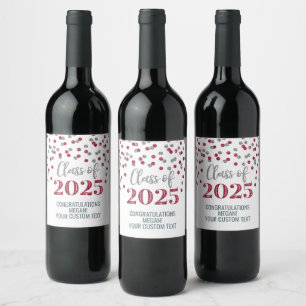 Silver Burgundy Glitter Class of 2025 Graduation Wine Label