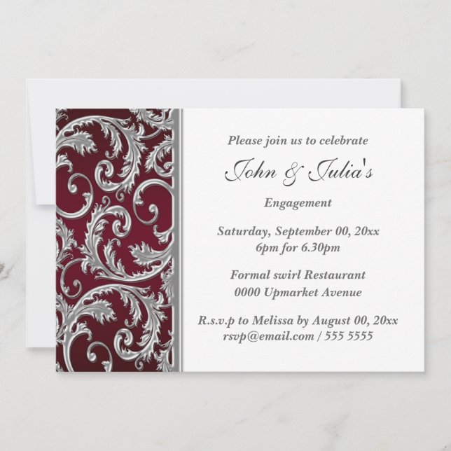 Silver Burgundy maroon floral swirl engagement Invitation (Front)