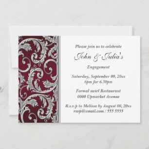 Silver Burgundy maroon floral swirl engagement Invitation
