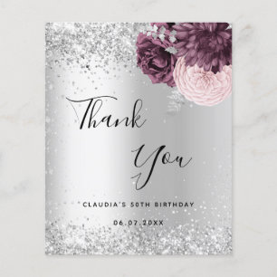 Silver burgundy pink floral budget thank you card