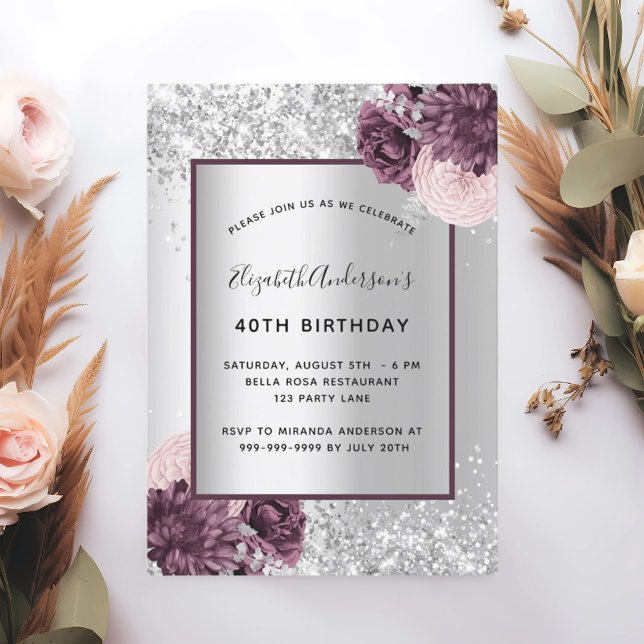 Silver burgundy pink floral elegant birthday invitation (Creator Uploaded)