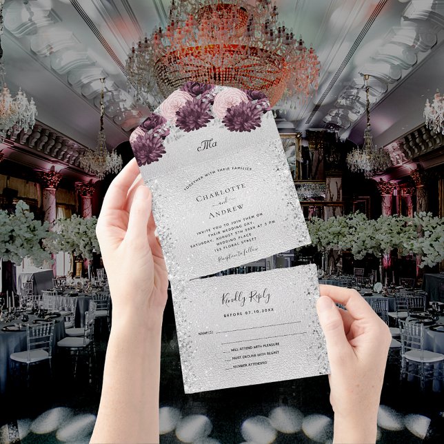 Silver burgundy pink flowers wedding RSVP All In One Invitation (Creator Uploaded)