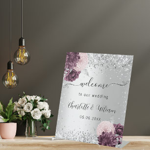 Silver burgundy pink flowers welcome wedding pedestal sign