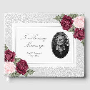 Silver Burgundy Pink Roses Botanical Funeral Photo Guest Book