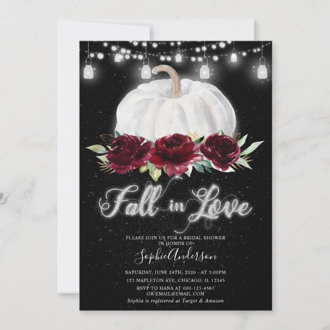 Silver Burgundy Pumpkin Fall in Love Bridal Shower Invitation (Front)