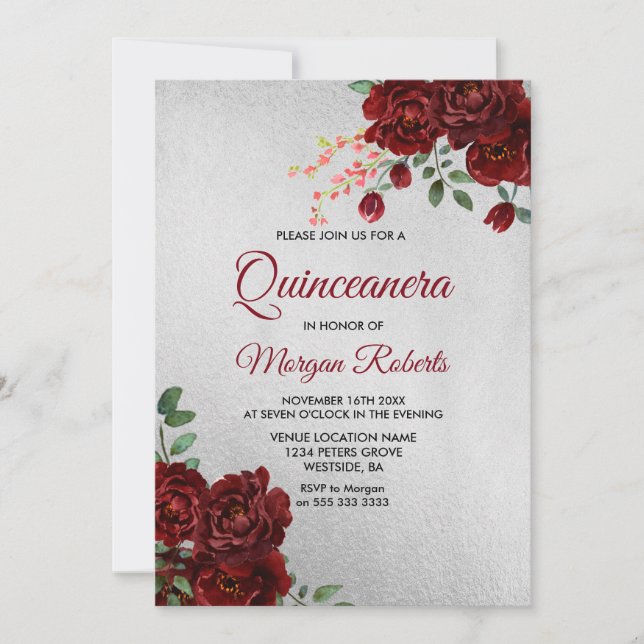 Silver Burgundy Red Rose Floral Quinceanera Invite (Front)