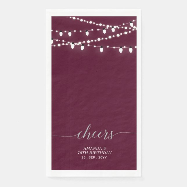 Silver Burgundy Red String Lights Lettering Cheers Napkin (Front)