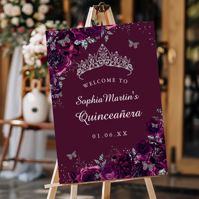 Silver Burgundy Rose Quinceanera Sign Welcome (Creator Uploaded)