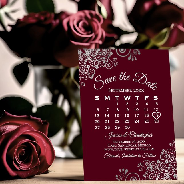 Silver & Burgundy Simple Elegant Wedding Calendar Save The Date (Creator Uploaded)