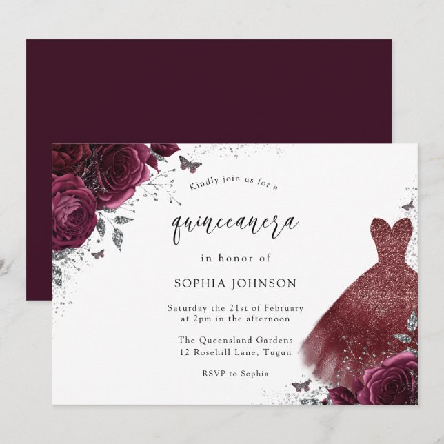 Silver Burgundy Sparkle Dress Rose Quinceanera Invitation (Front/Back)