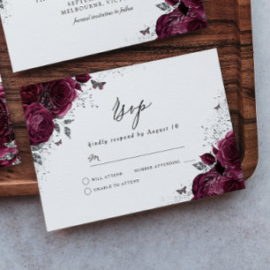 Silver Burgundy Sparkle Dress Rose RSVP Card