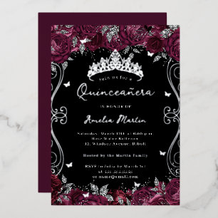 Silver Burgundy Swirl Scroll Floral Quinceanera 