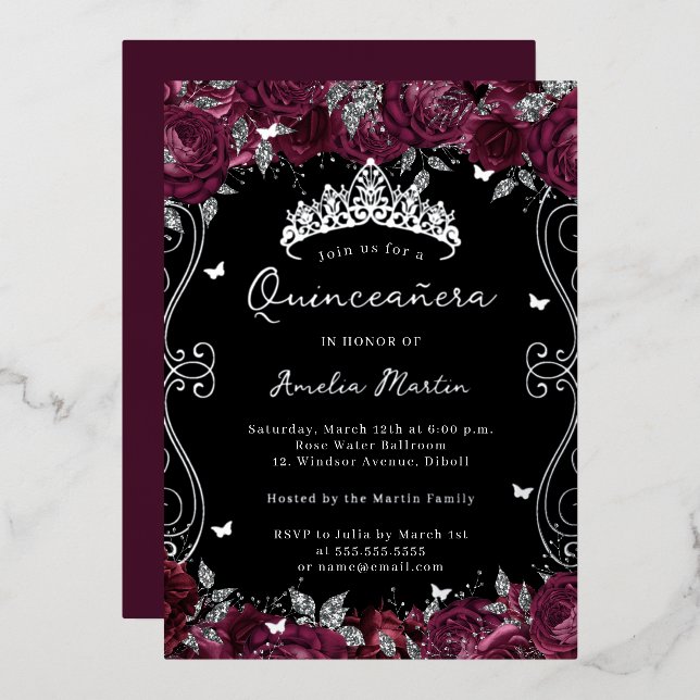 Silver Burgundy Swirl Scroll Floral Quinceanera  (Front/Back)