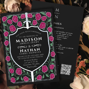 Silver Burgundy Sword Shield Fantasy QR Wedding Invitation