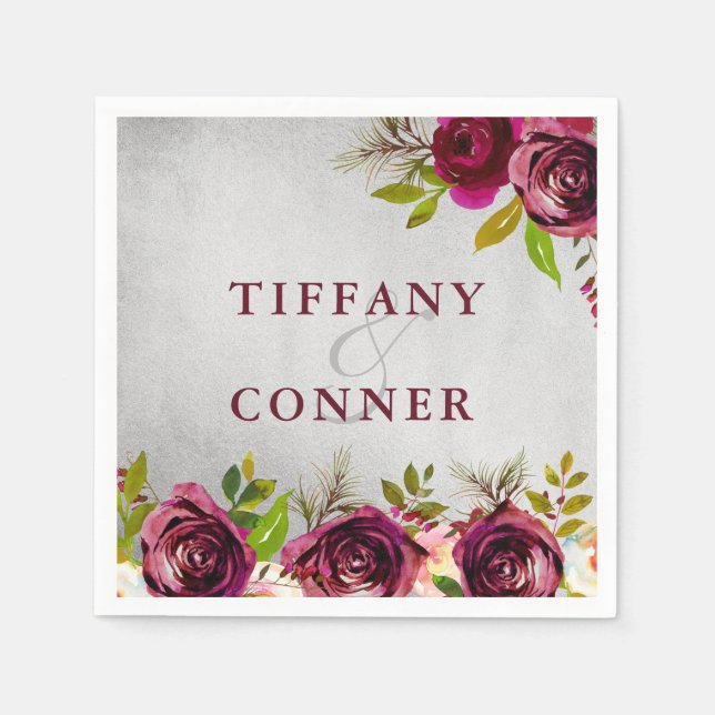 Silver Burgundy Wedding Engagement Anniversary Napkin (Front)