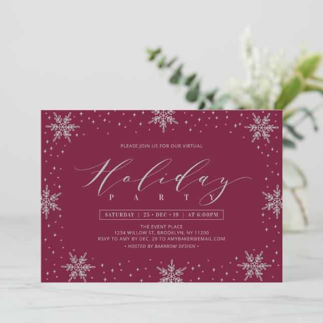 Silver & Burgundy Winter Corporate Holiday Party Invitation (Standing Front)