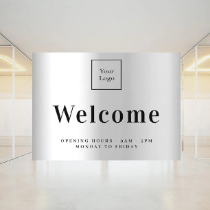 Silver business logo welcome opening hours window cling