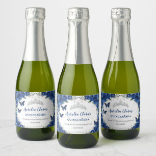 Silver Butterflies Royal Blue Floral Quinceañera Sparkling Wine Label