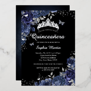Silver Butterfly Floral Navy Black Quinceanera