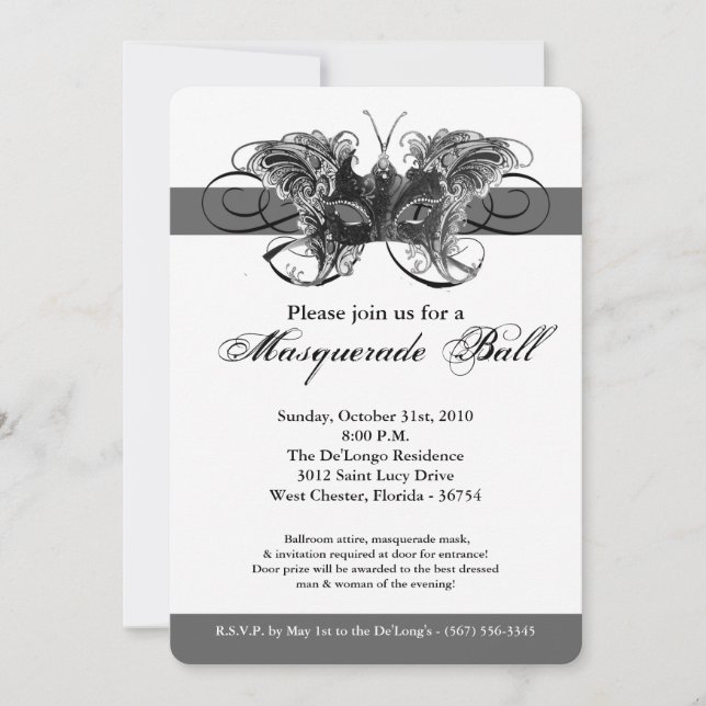 Silver Butterfly Masquerade Mask Costume Halloween Invitation (Front)