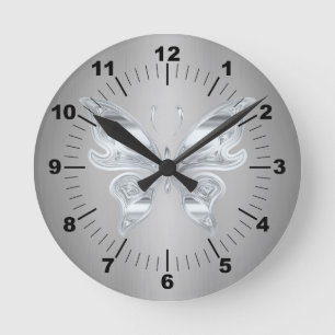 Silver butterfly round clock