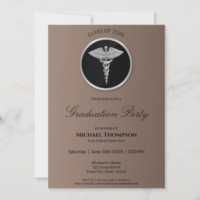 Silver Caduceus Medical Graduation Invitation (Front)