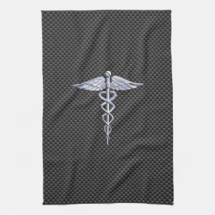 Silver Caduceus Medical Symbol Carbon Fiber Style Tea Towel