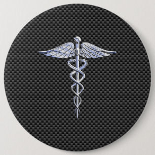 Silver Caduceus Medical Symbol Carbon Fibre Style 6 Cm Round Badge