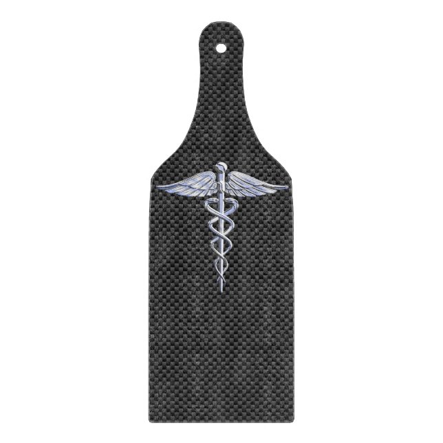 Silver Caduceus Medical Symbol Carbon Fibre Style Cutting Board (Front)