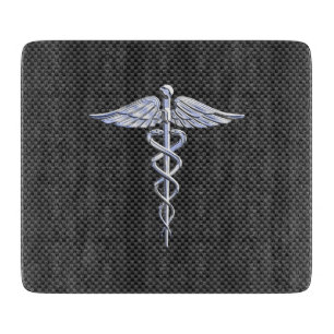 Silver Caduceus Medical Symbol Carbon Fibre Style Cutting Board