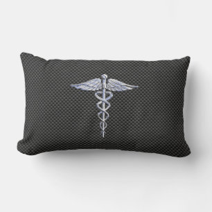 Silver Caduceus Medical Symbol Carbon Fibre Style Lumbar Cushion