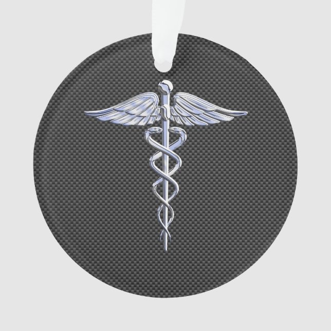 Silver Caduceus Medical Symbol Carbon Fibre Style Ornament (Front)