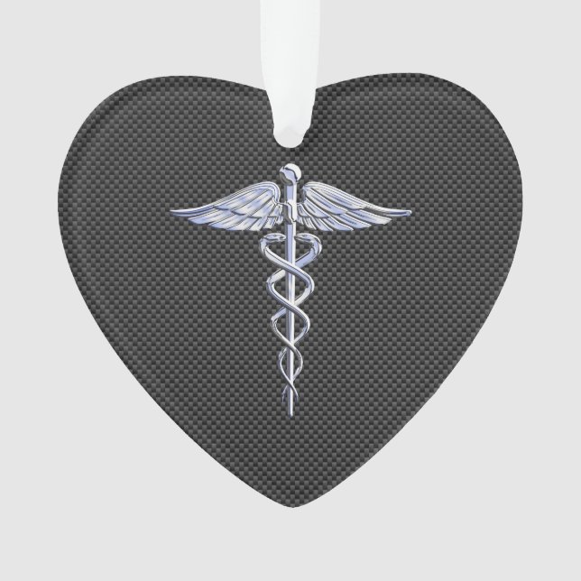 Silver Caduceus Medical Symbol Carbon Fibre Style Ornament (Front)