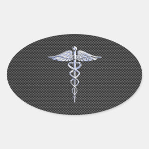 Silver Caduceus Medical Symbol Carbon Fibre Style Oval Sticker
