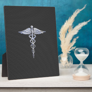 Silver Caduceus Medical Symbol Carbon Fibre Style Plaque