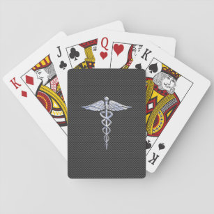 Silver Caduceus Medical Symbol Carbon Fibre Style Playing Cards