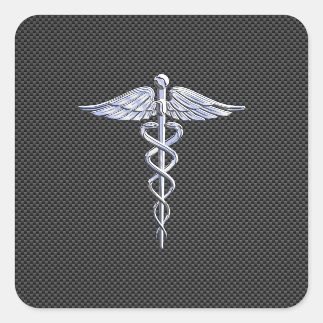 Silver Caduceus Medical Symbol Carbon Fibre Style Square Sticker (Front)