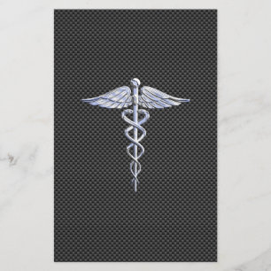 Silver Caduceus Medical Symbol Carbon Fibre Style Stationery