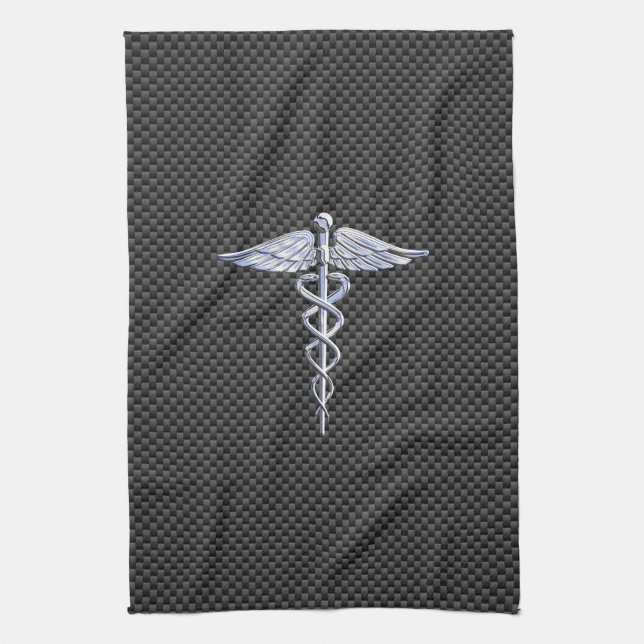Silver Caduceus Medical Symbol Carbon Fibre Style Tea Towel (Vertical)