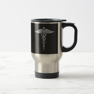 Silver Caduceus Medical Symbol Carbon Fibre Style Travel Mug