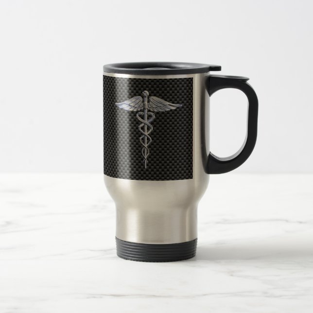 Silver Caduceus Medical Symbol Carbon Fibre Style Travel Mug (Right)